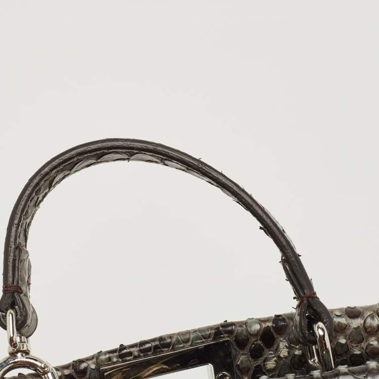 Pre Owned Fendi Grey/Black Python Floral Embroidered Micro Peekaboo Crossbody Bag