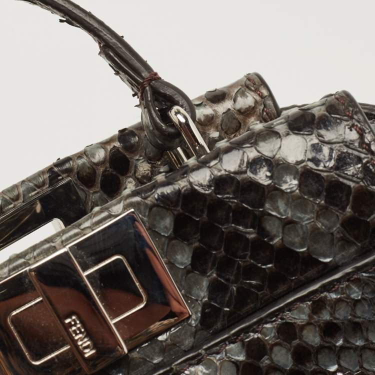 Pre Owned Fendi Grey/Black Python Floral Embroidered Micro Peekaboo Crossbody Bag