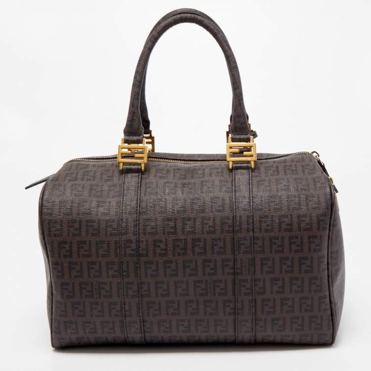 Pre Owned Fendi Brown Zucchino Coated Canvas Forever Bauletto Boston Bag