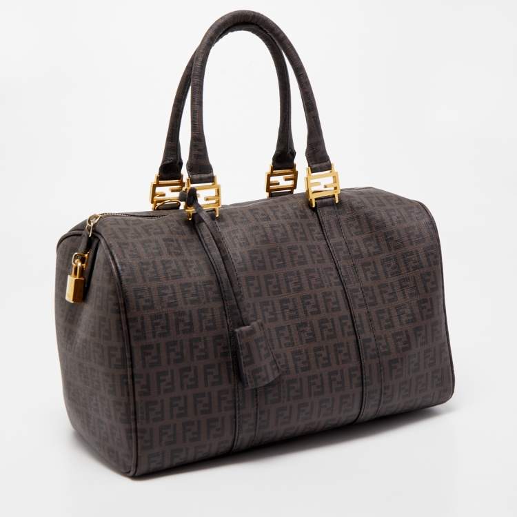 Pre Owned Fendi Brown Zucchino Coated Canvas Forever Bauletto Boston Bag