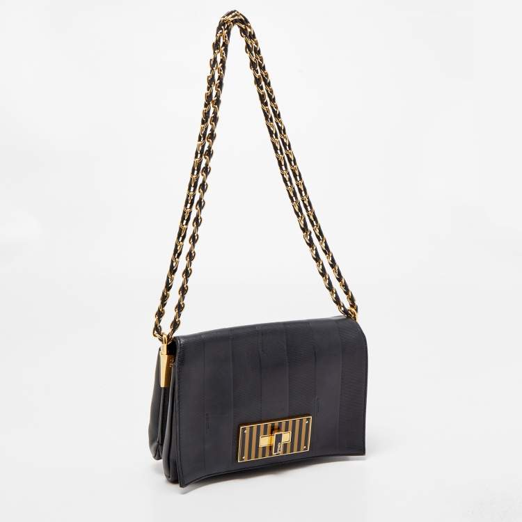 Pre Owned Fendi Black Pequin Embossed Leather Small Claudia Flap Bag