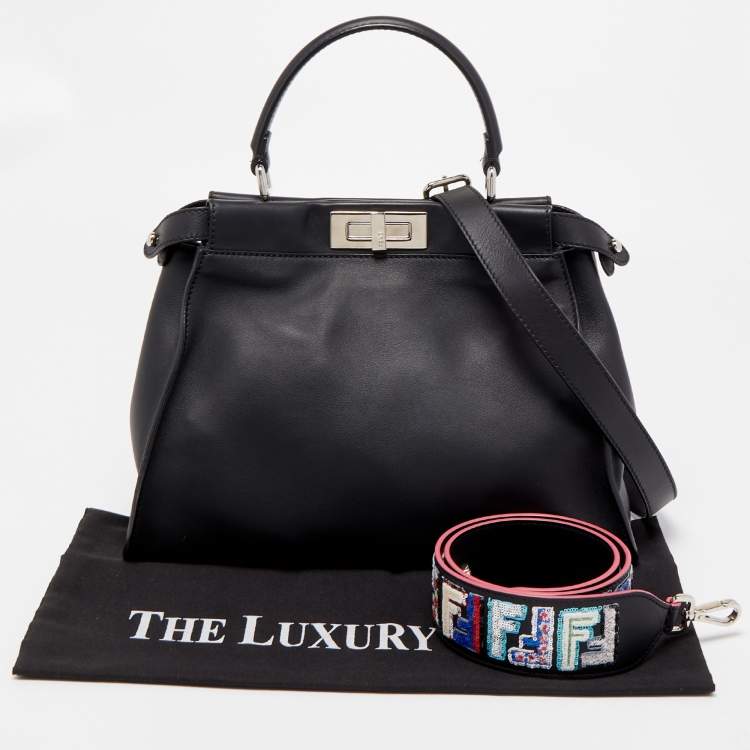 Pre Owned Fendi Black Leather with Python Lining Medium Peekaboo Top Handle Bag