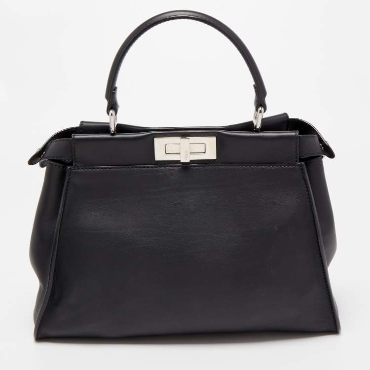 Pre Owned Fendi Black Leather with Python Lining Medium Peekaboo Top Handle Bag