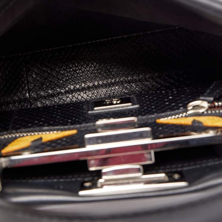 Pre Owned Fendi Black Leather with Python Lining Medium Peekaboo Top Handle Bag