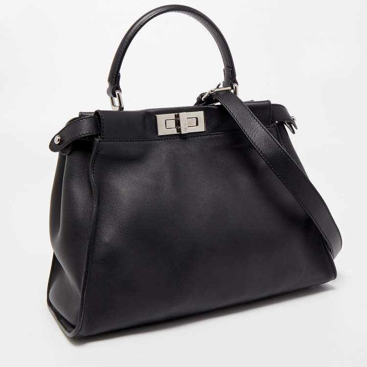 Pre Owned Fendi Black Leather with Python Lining Medium Peekaboo Top Handle Bag