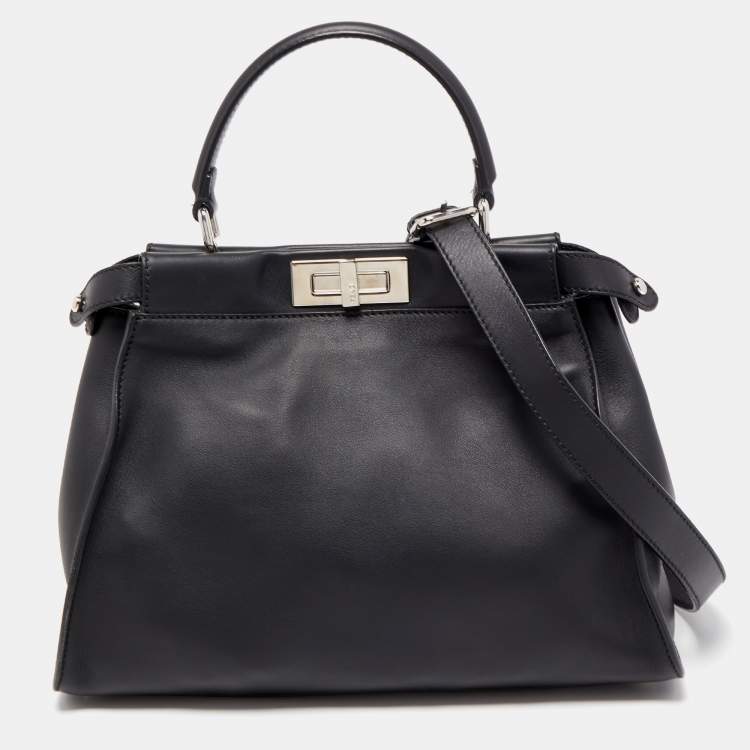Pre Owned Fendi Black Leather with Python Lining Medium Peekaboo Top Handle Bag
