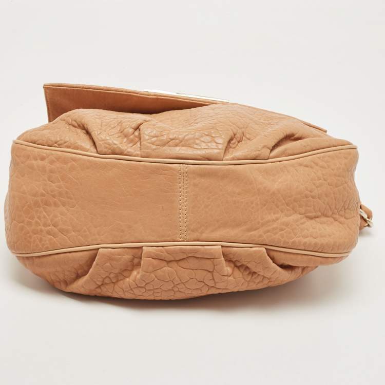 Pre Owned Fendi Peach Textured Leather Mia Flap Shoulder Bag