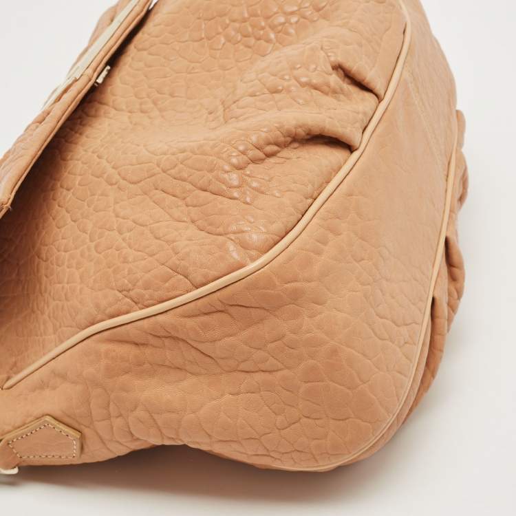 Pre Owned Fendi Peach Textured Leather Mia Flap Shoulder Bag