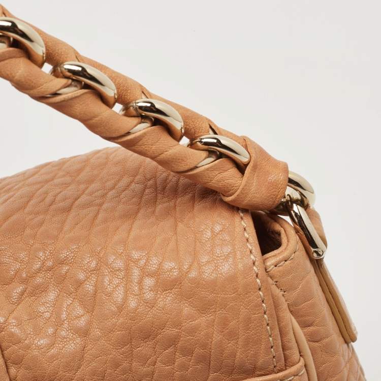 Pre Owned Fendi Peach Textured Leather Mia Flap Shoulder Bag