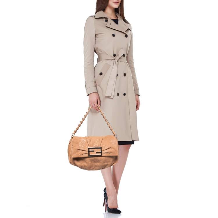Pre Owned Fendi Peach Textured Leather Mia Flap Shoulder Bag