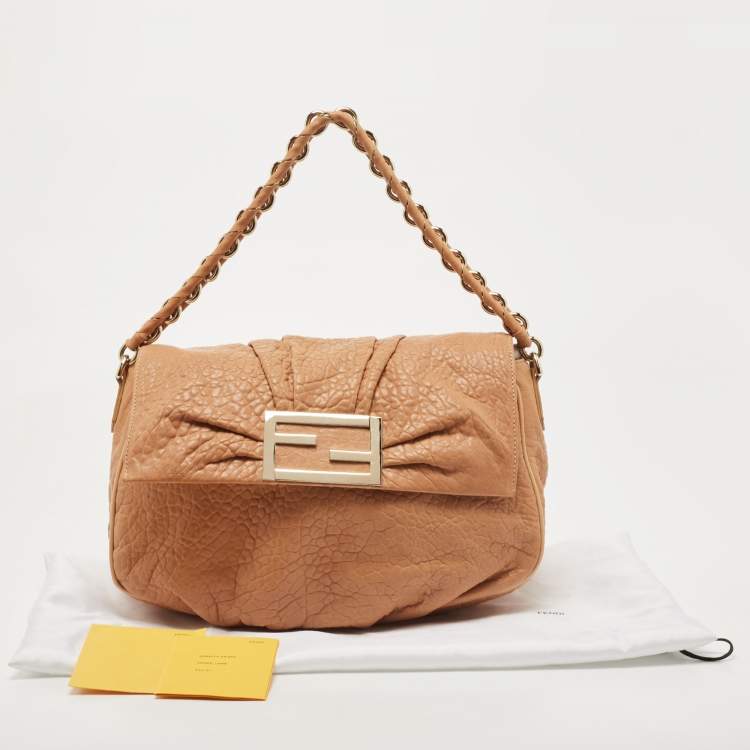 Pre Owned Fendi Peach Textured Leather Mia Flap Shoulder Bag