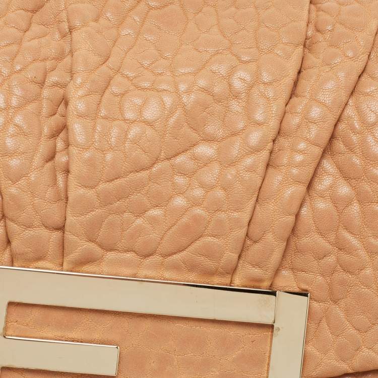 Pre Owned Fendi Peach Textured Leather Mia Flap Shoulder Bag
