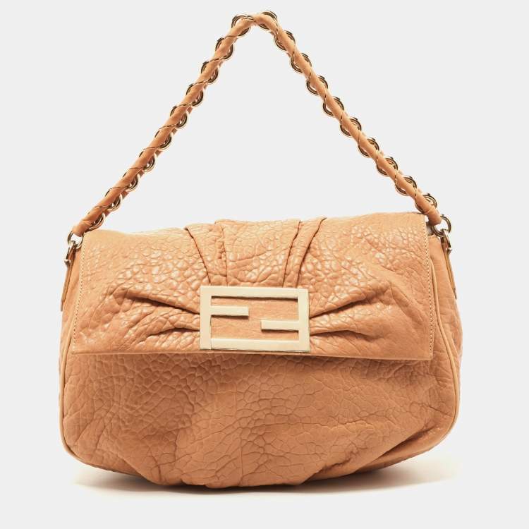 Pre Owned Fendi Peach Textured Leather Mia Flap Shoulder Bag