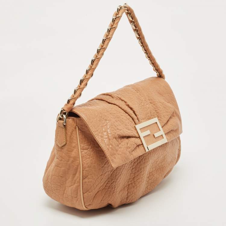 Pre Owned Fendi Peach Textured Leather Mia Flap Shoulder Bag