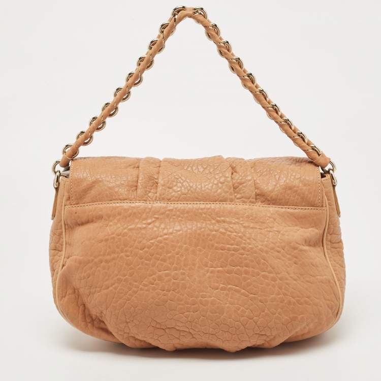 Pre Owned Fendi Peach Textured Leather Mia Flap Shoulder Bag