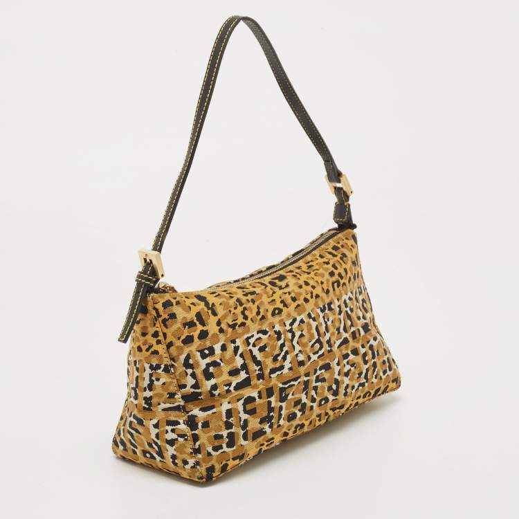 Pre Owned Fendi Black/Yellow FF Zebra Print Fabric Shoulder Bag