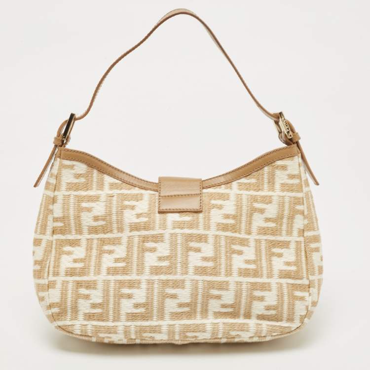 Pre Owned Fendi Beige/White Zucca Raffia and Leather FF Flap Hobo