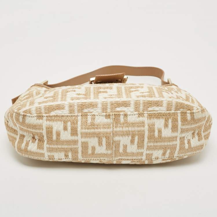 Pre Owned Fendi Beige/White Zucca Raffia and Leather FF Flap Hobo