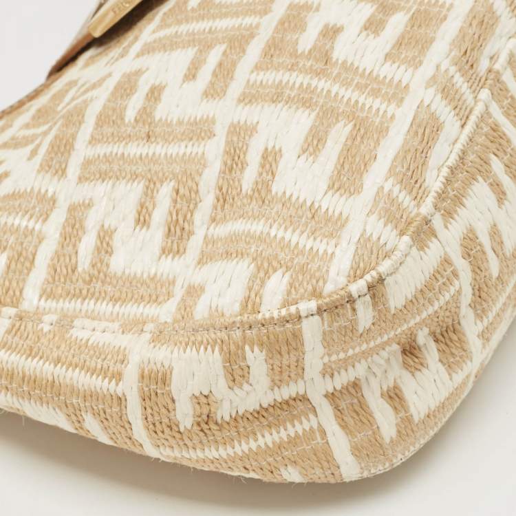 Pre Owned Fendi Beige/White Zucca Raffia and Leather FF Flap Hobo