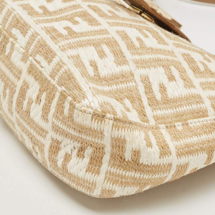 Pre Owned Fendi Beige/White Zucca Raffia and Leather FF Flap Hobo
