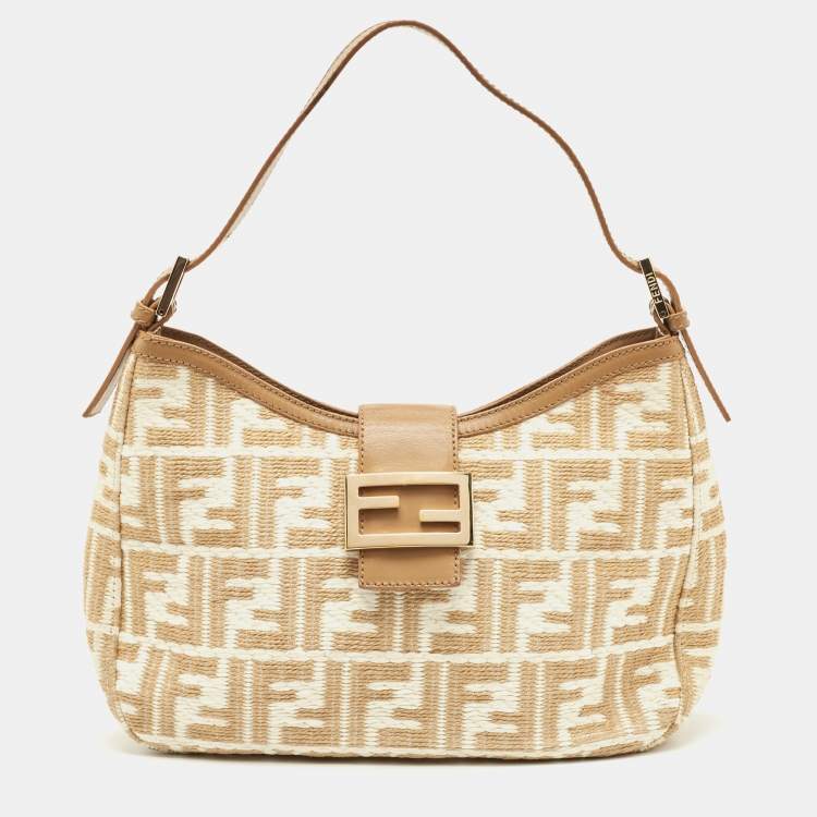 Pre Owned Fendi Beige/White Zucca Raffia and Leather FF Flap Hobo