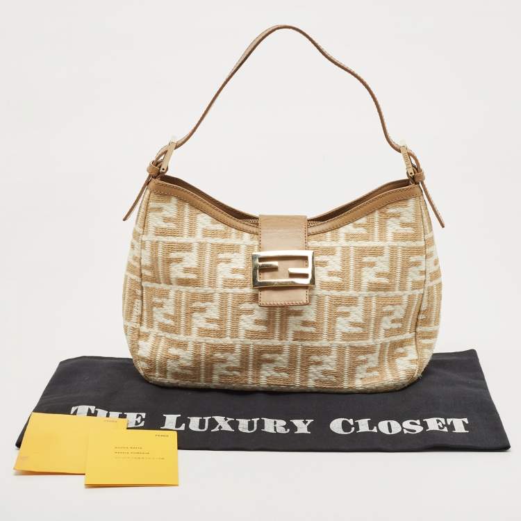 Pre Owned Fendi Beige/White Zucca Raffia and Leather FF Flap Hobo