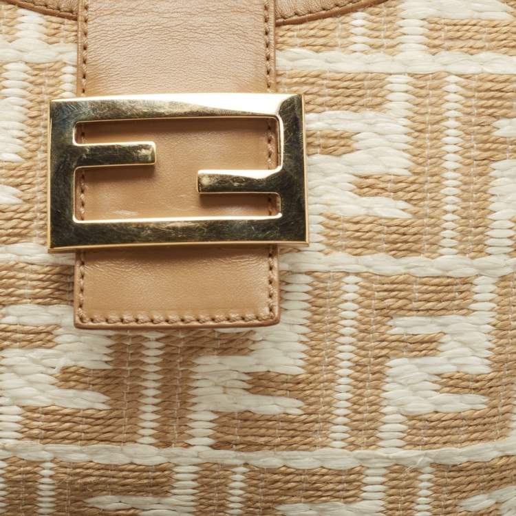 Pre Owned Fendi Beige/White Zucca Raffia and Leather FF Flap Hobo