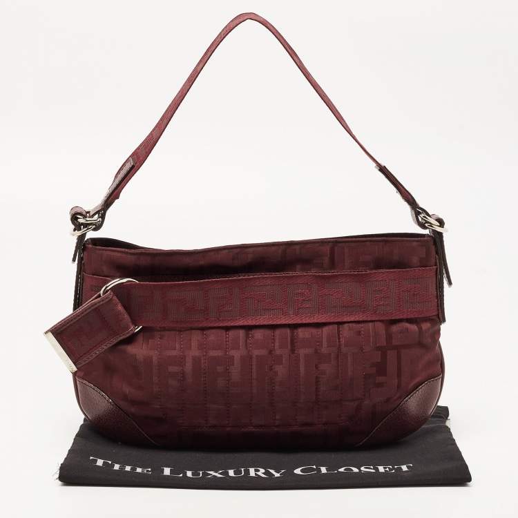 Pre Owned Fendi Burgundy Zucca Fabric and Leather Pochette Bag