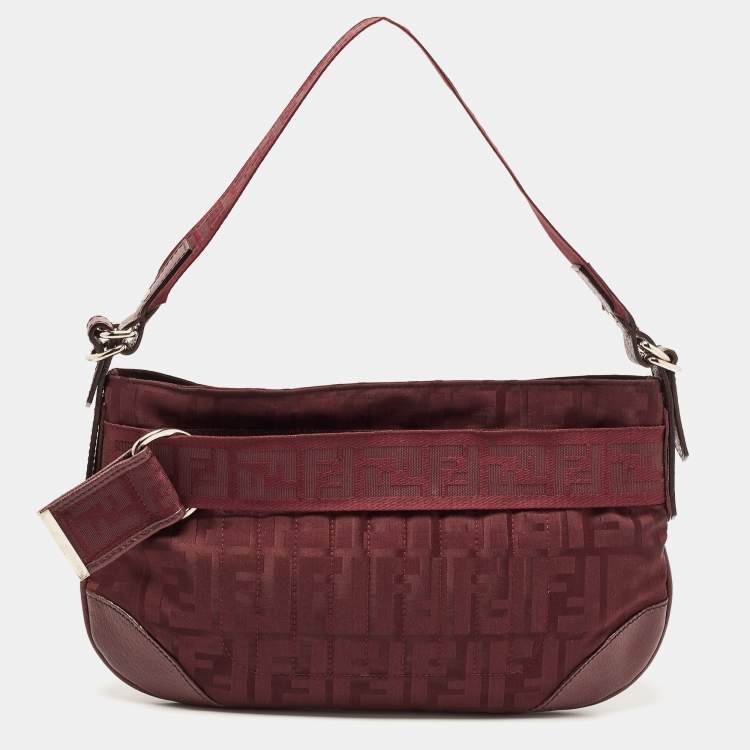Pre Owned Fendi Burgundy Zucca Fabric and Leather Pochette Bag