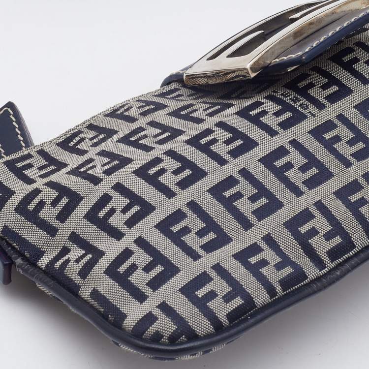 Pre Owned Fendi Blue Zucchino Canvas and Leather FF Flap Pochette Bag