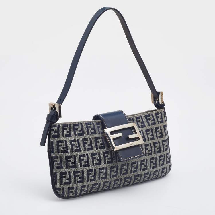 Pre Owned Fendi Blue Zucchino Canvas and Leather FF Flap Pochette Bag