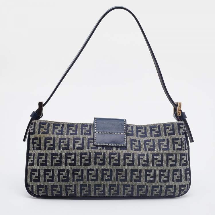 Pre Owned Fendi Blue Zucchino Canvas and Leather FF Flap Pochette Bag