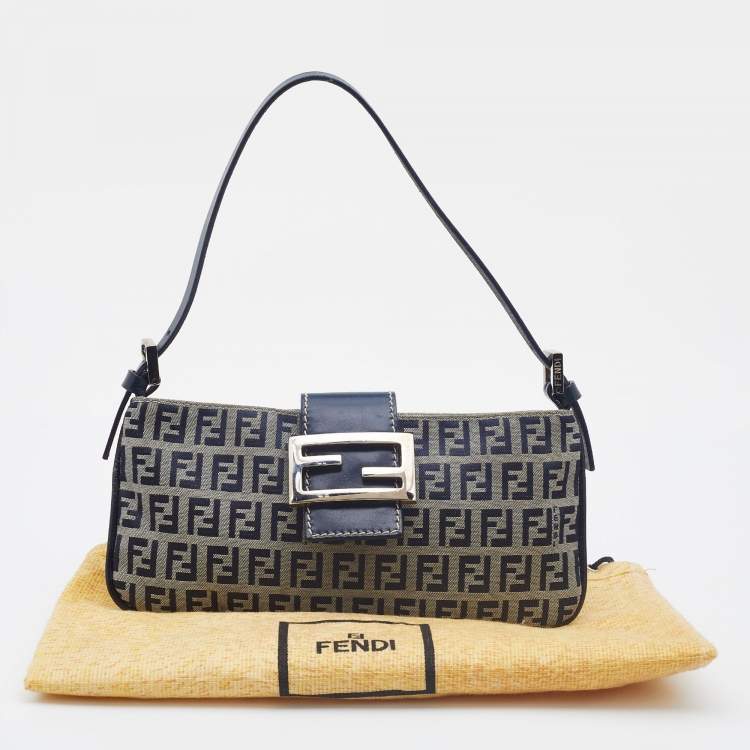 Pre Owned Fendi Blue Zucchino Canvas and Leather FF Flap Pochette Bag