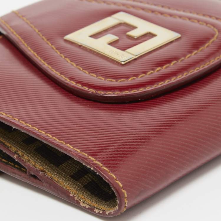Pre Owned Fendi Red Coated Canvas Compact Flap Wallet