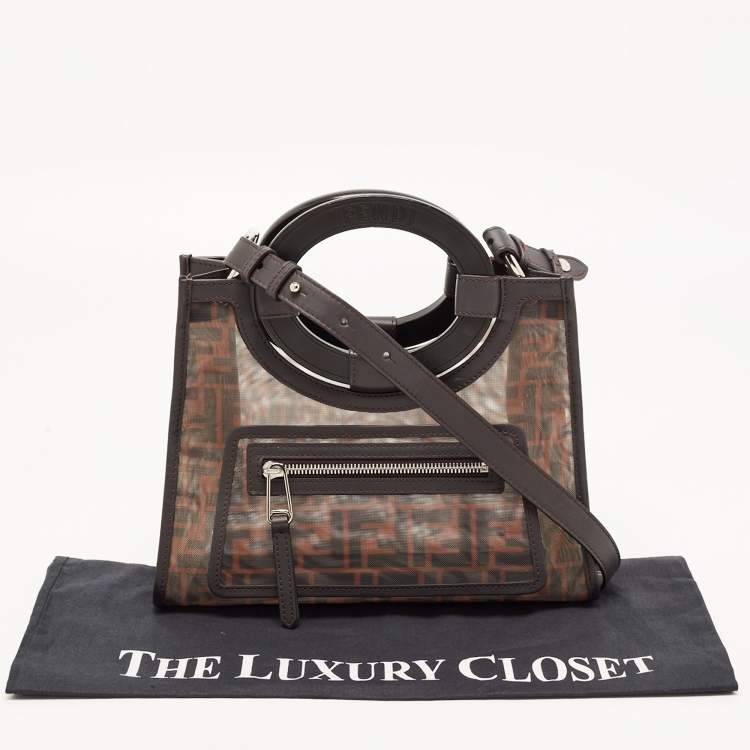 Pre Owned Fendi Tobacco Zucca Mesh Nylon and Leather Small Runaway Shopper Top Handle Bag