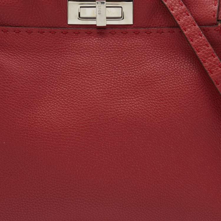Pre Owned Fendi Red Selleria Leather Medium Peekaboo Top Handle Bag
