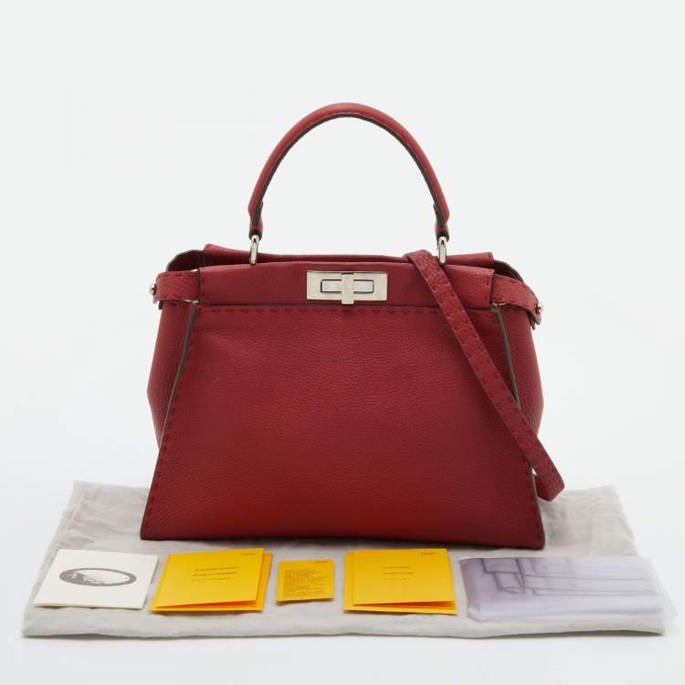 Pre Owned Fendi Red Selleria Leather Medium Peekaboo Top Handle Bag