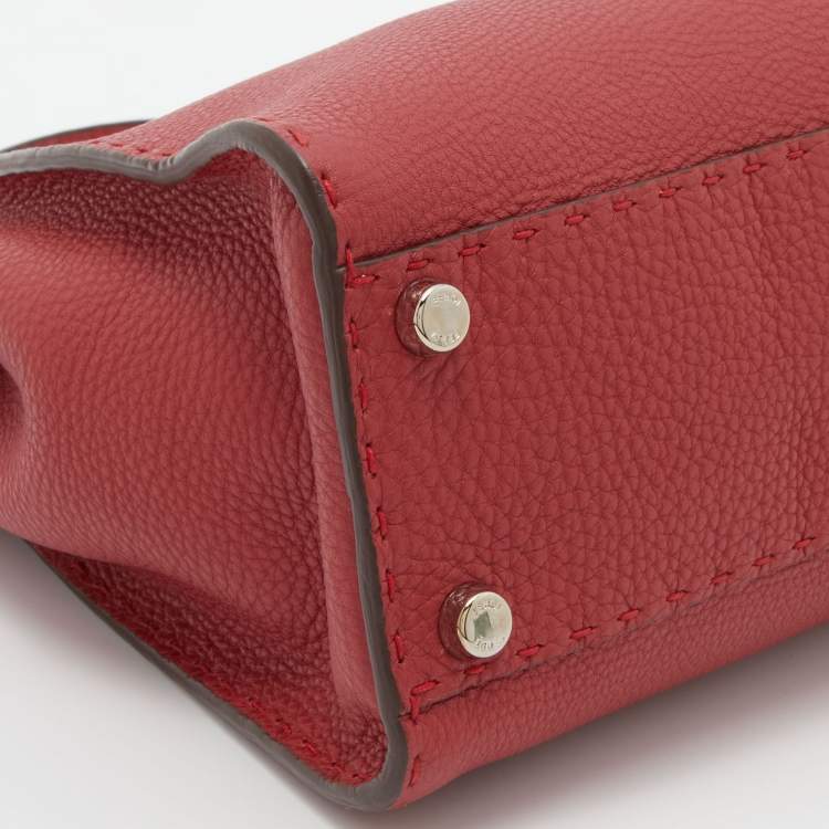 Pre Owned Fendi Red Selleria Leather Medium Peekaboo Top Handle Bag