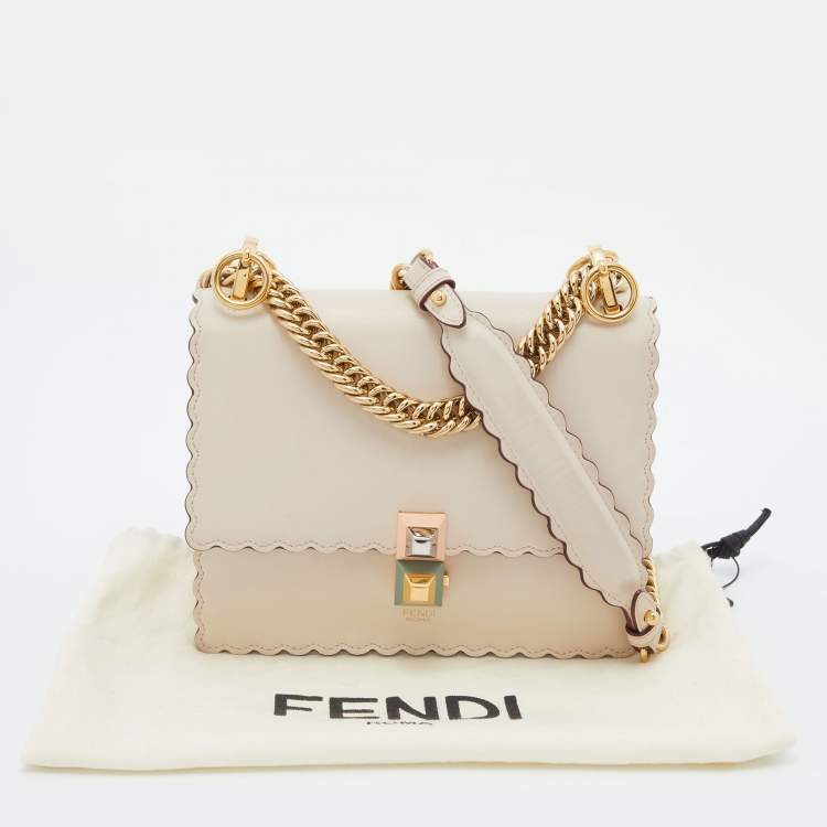 Pre Owned Fendi Beige Leather Small Scalloped Kan I Shoulder Bag