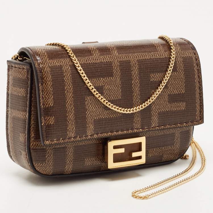 Pre Owned Fendi Tobacco Zucca Coated Canvas Nano Baguette Charm Bag
