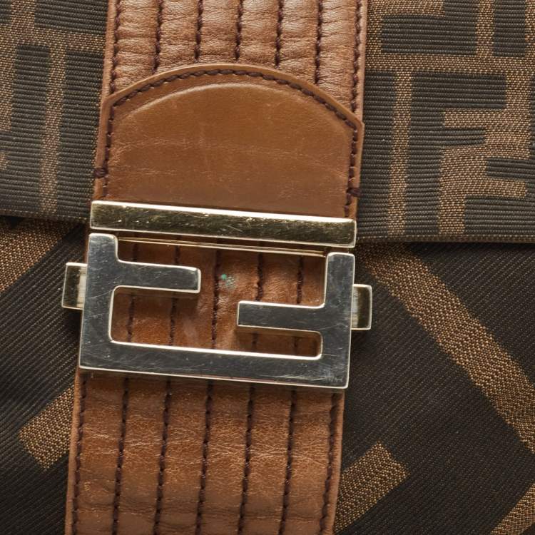 Pre Owned Fendi Tobacco Zucca Canvas and Leather Maxi Baguette Flap Shoulder Bag
