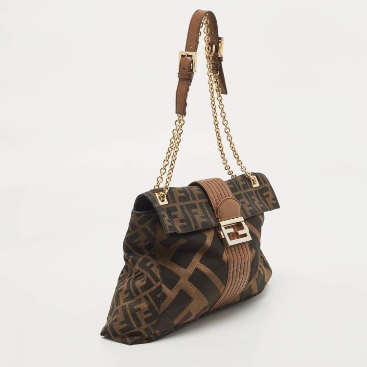 Pre Owned Fendi Tobacco Zucca Canvas and Leather Maxi Baguette Flap Shoulder Bag
