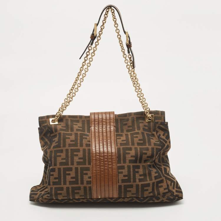 Pre Owned Fendi Tobacco Zucca Canvas and Leather Maxi Baguette Flap Shoulder Bag