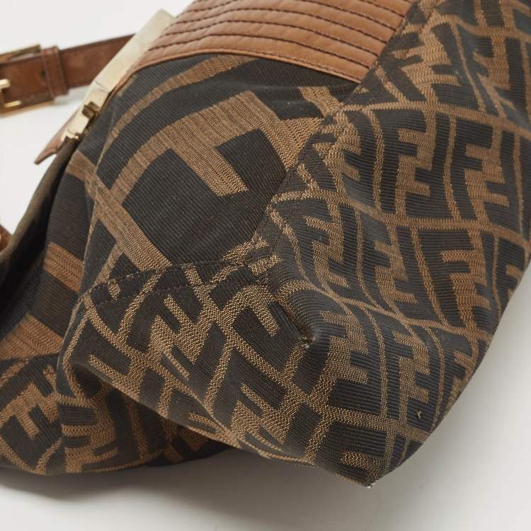 Pre Owned Fendi Tobacco Zucca Canvas and Leather Maxi Baguette Flap Shoulder Bag