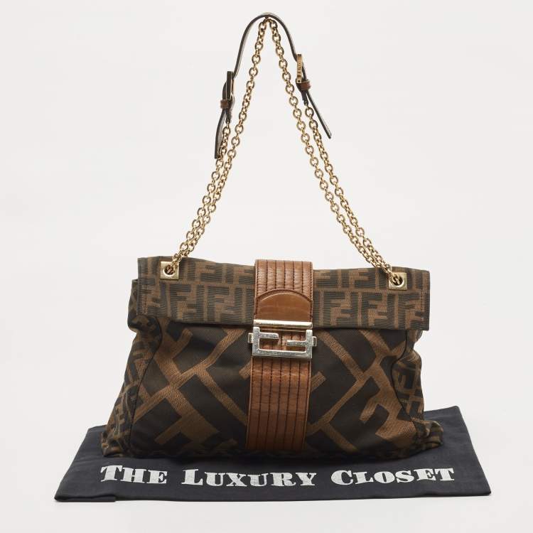 Pre Owned Fendi Tobacco Zucca Canvas and Leather Maxi Baguette Flap Shoulder Bag