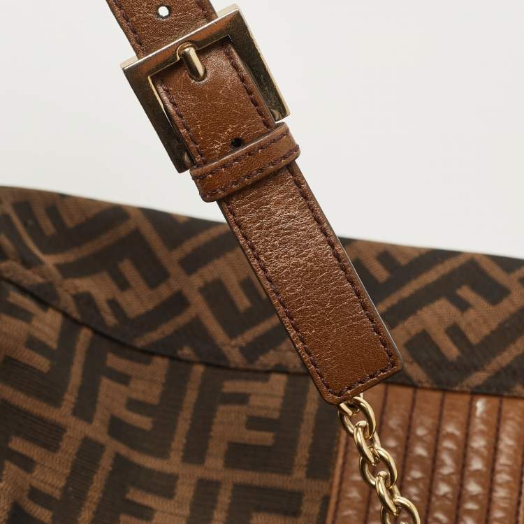 Pre Owned Fendi Tobacco Zucca Canvas and Leather Maxi Baguette Flap Shoulder Bag
