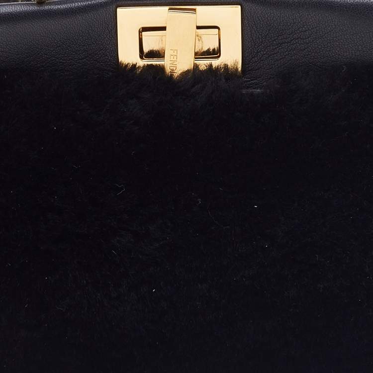 Pre Owned Fendi Black Shearling and Leather Micro Peekaboo Bag