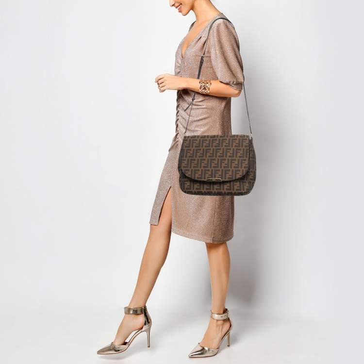Pre Owned Fendi Tobacco Zucca Canvas and Leather Flap Crossbody Bag