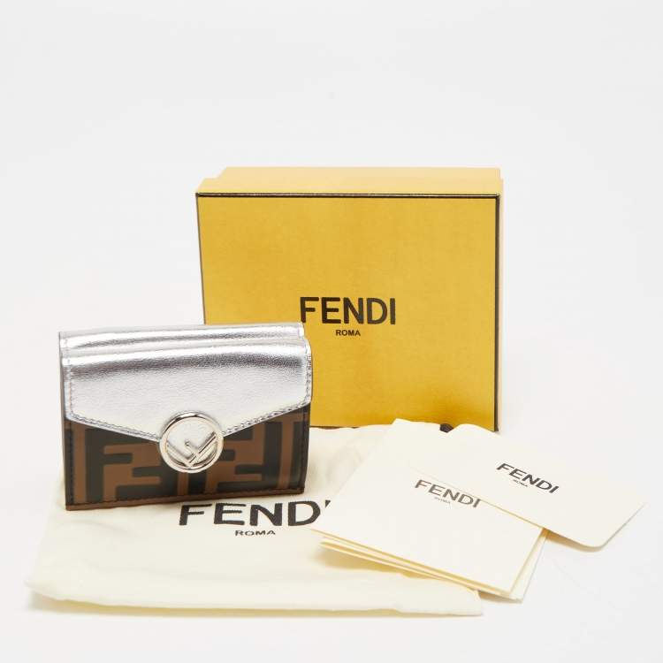Pre Owned Fendi Silver/Tobacco Zucca Leather Micro F Trifold Wallet