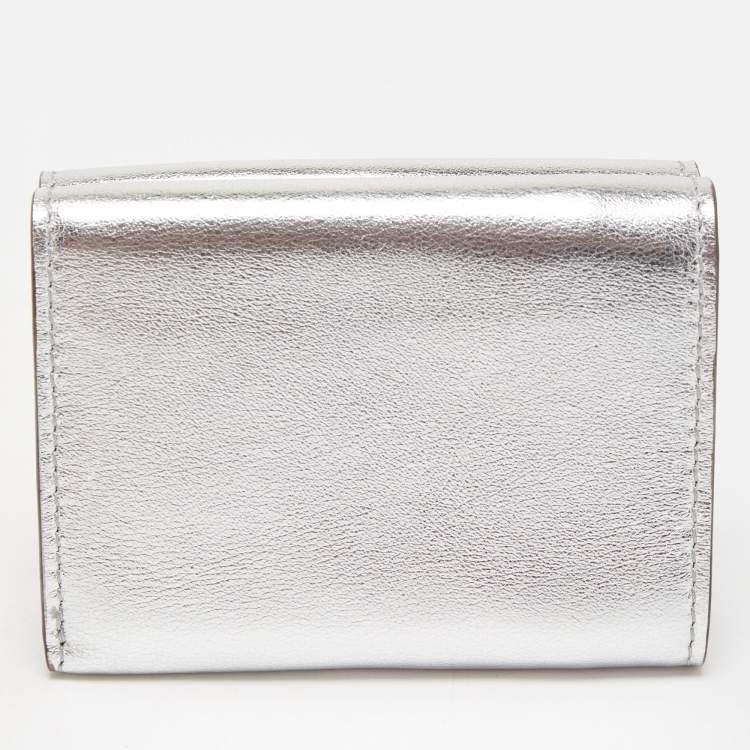 Pre Owned Fendi Silver/Tobacco Zucca Leather Micro F Trifold Wallet